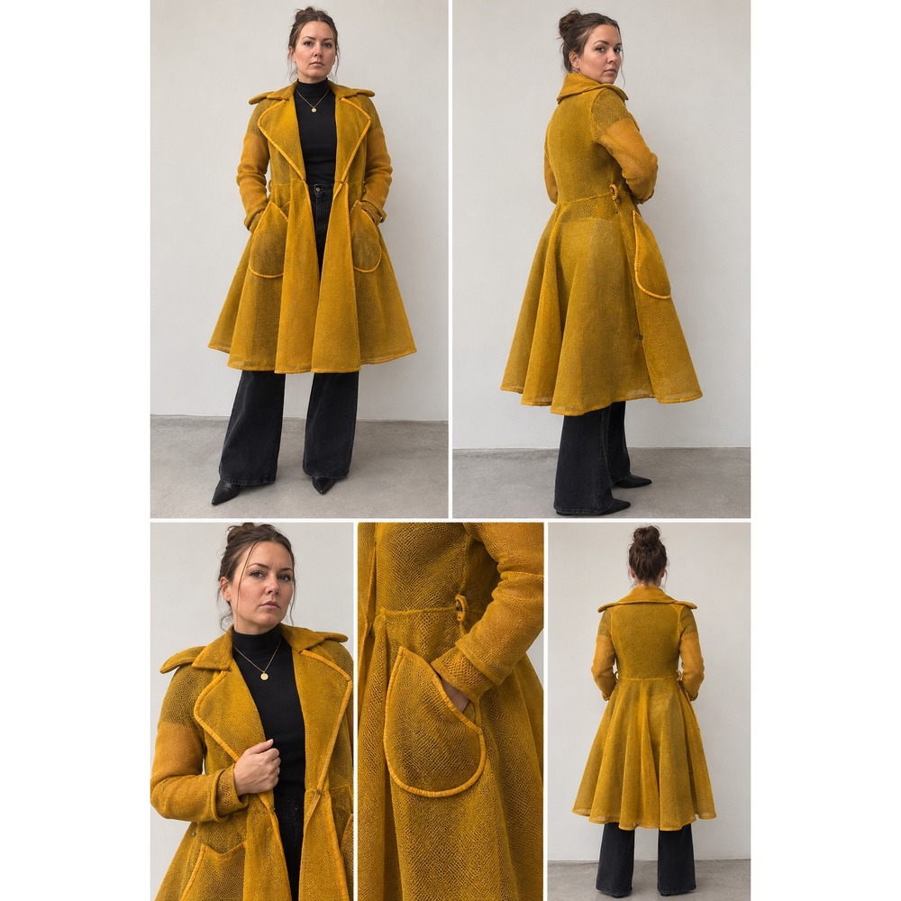 Mustard Yellow Mesh Honeycomb Trench Coat Sheer Flare Trench Coat Duster Jacket